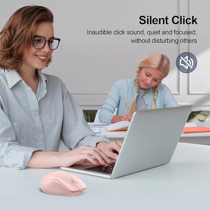 TECKNET Wireless Mouse (2.4G & BT5.0/3.0) Silent 4800 DPI Computer USB A & Bluetooth Mouse 6 Buttons, Wide Compatibility - Pink