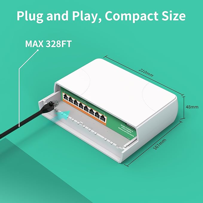 8 Port Gigabit PoE Switch Waterproof, 1000 Mbps 8 PoE+ Ports 120W, IEEE802.3af/at Power Over Ethernet Unmanaged Outdoor Network Switch, Plug & Play
