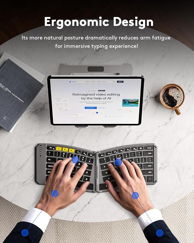 Samsers Ergonomic Foldable Keyboard, KE09U Folding Travel Bluetooth Keyboard with 6-Row Layout, Dual-Mode(2.4G+BTx2) Split Portable Design with USB Slot, for iPhone iPad Smartphone Tablet Laptop PC