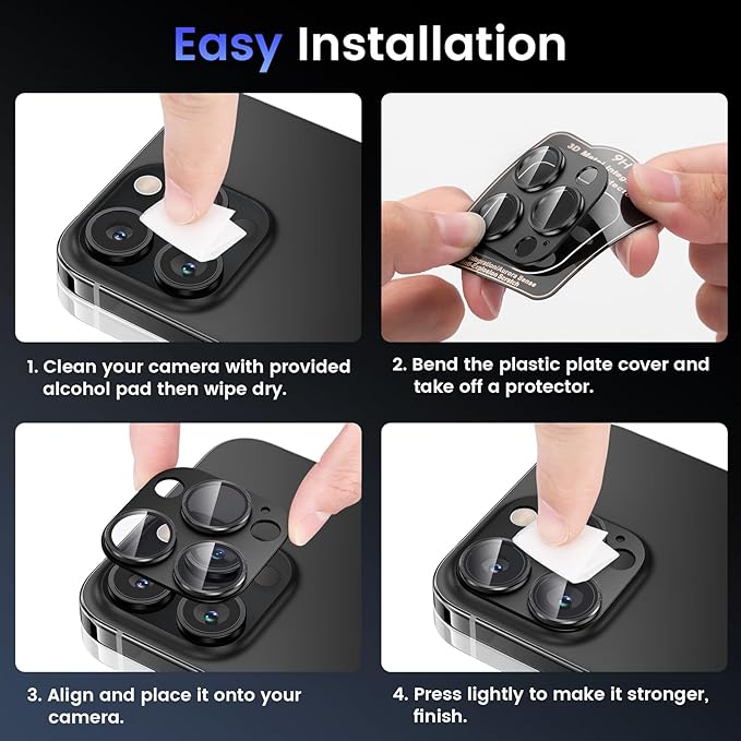 Tensea for iPhone 16 Pro/iPhone 16 Pro Max/iPhone 15 Pro/iPhone 15 Pro Max Camera Lens Protector, Metal Aluminum Alloy Tempered Glass Cover Camera Screen Protector Accessories, Case Friendly Black