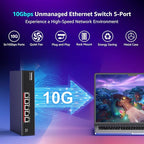YuanLey 5 Port 10G Ethernet Switch, 5 x 10Gbps RJ45 Ports, Support 10G/5G/2.5G/1G/100Mbps Speed Auto-Negotiation, 100Gbps Switching Capacity, Unmanaged Switch Rackmountable, Plug and Play