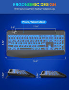 Wireless Keyboard with 7 Colored Backlits, Wrist Rest, Phone Holder, Rechargeable Ergonomic Computer Keyboard with Silent Keys, Full Size Lighted Keyboard for Windows, MacBook, PC, Laptop (Black)