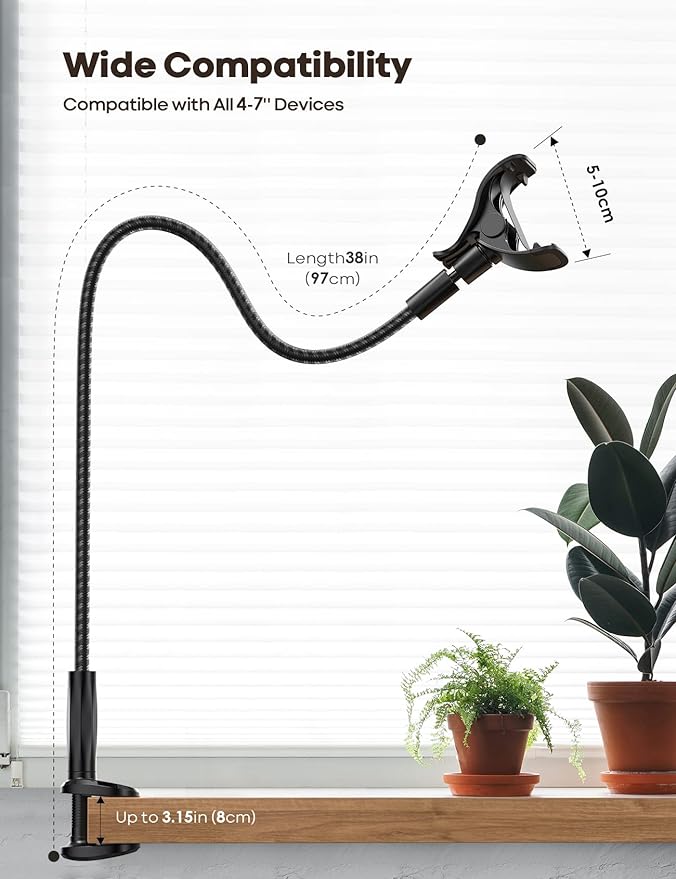 Lamicall Gooseneck Phone Holder Bed - [Nylon Braided] Flexible Arm, 38inch Overall Length, 360 Adjustable Clamp Clip, Overhead Cell Phone Mount Stand for Bed, Desk, 4-7” Cellphone