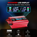 LVYUAN 500W Car Power Inverter 12V to 110V DC to AC with 2 US Sockets, Cigarette Lighter, LCD Display, USB Ports for Car, Home,Outdoor, Camping
