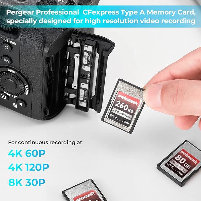 PERGEAR Professional 260GB CFexpress Type A Memory Card, Up to 880MB/s Read Speed & 900MB/s Write Speed for 4K 120P,8K 30P Recording Video/Photo, Compatible for Sony Alpha Sony FX Cameras