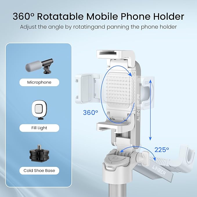 Portable Selfie Stick Tripod with Remote, 3-in-1 Pocket Size Phone Tripod Grip with 2 Cold Shoes, Mini Selfie Stick for iPhone Android, Phone Holder for Vlog, Livestreaming, Photography