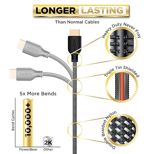 PowerBear 4K HDMI Cable 15 ft | High Speed Hdmi Cables, Braided Nylon & Gold Connectors, 4K @ 60Hz, Ultra HD, 2K, 1080P, ARC & CL3 Rated | for Laptop, Monitor, PS5, PS4, Xbox One, Fire TV, & More