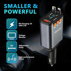Retractable Car Charger,5 in 1 Fast Cars Phone Charger 60w,Bluetooth 5.3 FM Transmitter Adapter,Handsfree Call,MP3 Player,2 Retractable Cables and USB Chargers, for Phone,Galaxy,Pixel (Black)