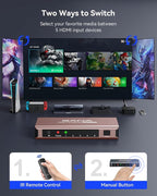HDMI Switch 5 in 1 Out 4K@60Hz, GANA HDMI Splitter Switcher with Remote, Aluminum HDMI 2.0 Switch Box Hub for 3D, HDCP2.2, HDR, Compatible with Xbox, PS5/4/3,Fire Stick,Roku,Blu-Ray Player, Rose