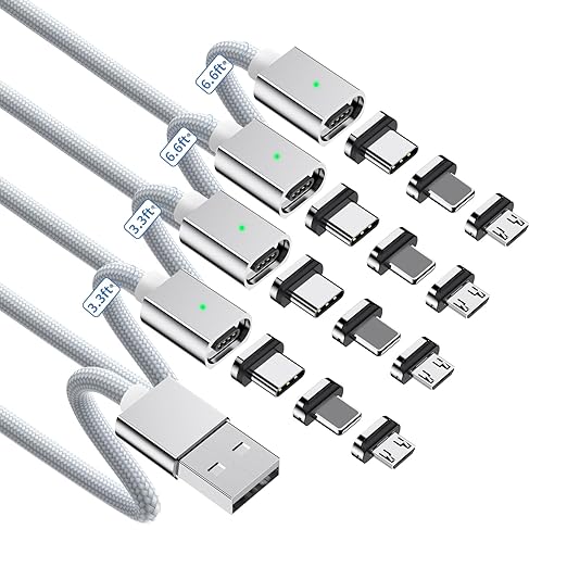 ZBF Magnetic Charging Cable 3A Fast Charging (4-Pack, 3.3/3.3/6.6/6.6 ft) 3 in 1 Magnetic Phone Charger, 480Mbps Data Transfer, USB A to Type C Charger Cable USB-C/Iproduct Micro USB Device - Silver
