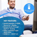 OREI 8K HDMI 2.1 Switch 4K@120hz Switcher 2 in 1 Out, with Audio Extraction 48Gbps Bandwidth, Ideal for Gaming and Streaming (BK-21A)