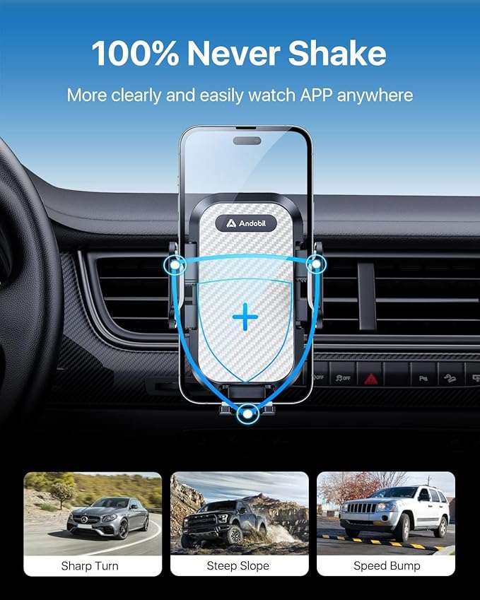 andobil Phone Holders for Your Car - Military Sturdy, Firmly Grip, Never Slip, Car Vent Phone Holder Mount, Phone Mount for Truck Compatible with iPhone 16 15 14 13 12 Pro Max Samsung S24, Sliver