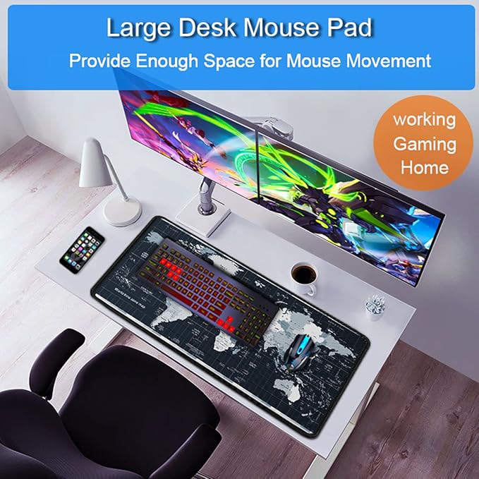 Large Gaming Mouse Pad with Stitched Edges, 31.5x15.7 in Extended Computer Keyboard Mouse Mat, Water Resist Non-Slip Mousepad Rubber Base Long XXL Desk Mousepad for Work & Gaming, Home, Map