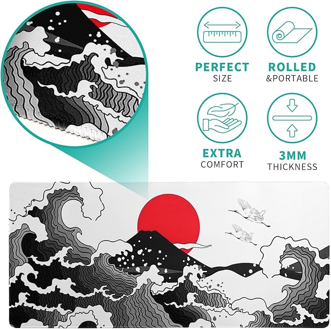 Japanese Red and Black Wave Gaming Mouse Pad Extended Large Mouse Mat Desk Pad Sea Texture Non-Slip Rubber Base Wave Mousepad Stitched Edges Keyboard Desk Pad for Office Home Game 31.5x11.8 Inch