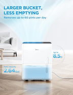 Midea 5,500 Sq. Ft Dehumidifier for Basement, 60 Pint dehumidifier with pump, APP & Alexa Smart Control, 2.64 Gallon Water Tank, Intelligent Humidity Control, Ideal for Home, Basement, Garage