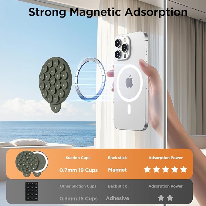 Magnetic Suction Cup Phone Mount for MagSafe Case, Silicone Hands-Free Phone Grip Holder for iPhone and Android, Mirror Shower Phone Stand for Makeup FaceTime Gym Kitchen Bathroom, Olive Green