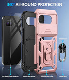 Taisairu for Google Pixel 9A Case with Screen Protector & Slide Camera Lens Cover, Built-in 360°Rotate Magnetic Ring Stand Shockproof Protective Phone Case for Google Pixel 9A Case (Rose Gold)