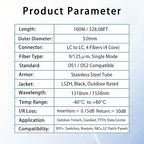 100M/328FT Outdoor Armored LC to LC Fiber Optic Cable, 4 Core OS2 Single Mode 9/125μm, Industrial TPU Jacket, OD 5mm, 4 Strands, SMF, Direct Burial, Heavy-Duty LC-LC Patch Cord for Harsh Environments