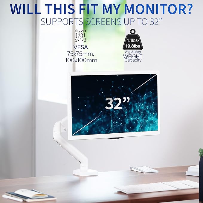 VIVO Single 17 to 32 inch Monitor Height Adjustable Counterbalance Mechanical Arm Desk Stand, Classic, Universal VESA Mount, White, STAND-V001OW