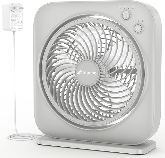 AMACOOL Table Fan, 12 inch Box Fan with 3 Adjustable Speeds & 8HRS Timer, Adjustable Angle Quiet Air Circulator, Desktop Fan for Bedroom Bathroom Kitchen Office, AC Adapter Included (Grey)