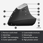 Logitech MX Vertical Wireless Mouse – Ergonomic Design Reduces Muscle Strain, Move Content Between 3 Windows and Apple Computers, Rechargeable, Graphite