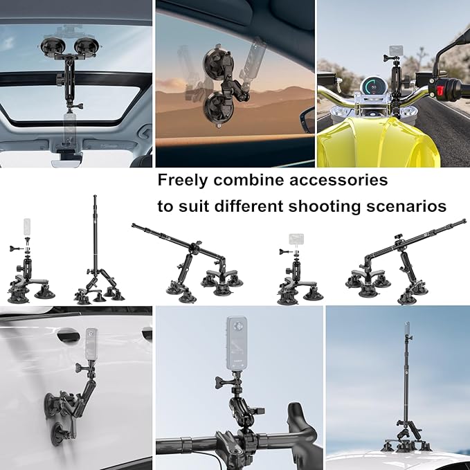 BRCOVAN Suction Cup Car Camera Mount Kit with Metal Extendable Selfie Stick, Dual Aluminum Alloy Arm, with Action Camera Adapter & 1/4"-20 Camera Thread, with Flagpole Accessories