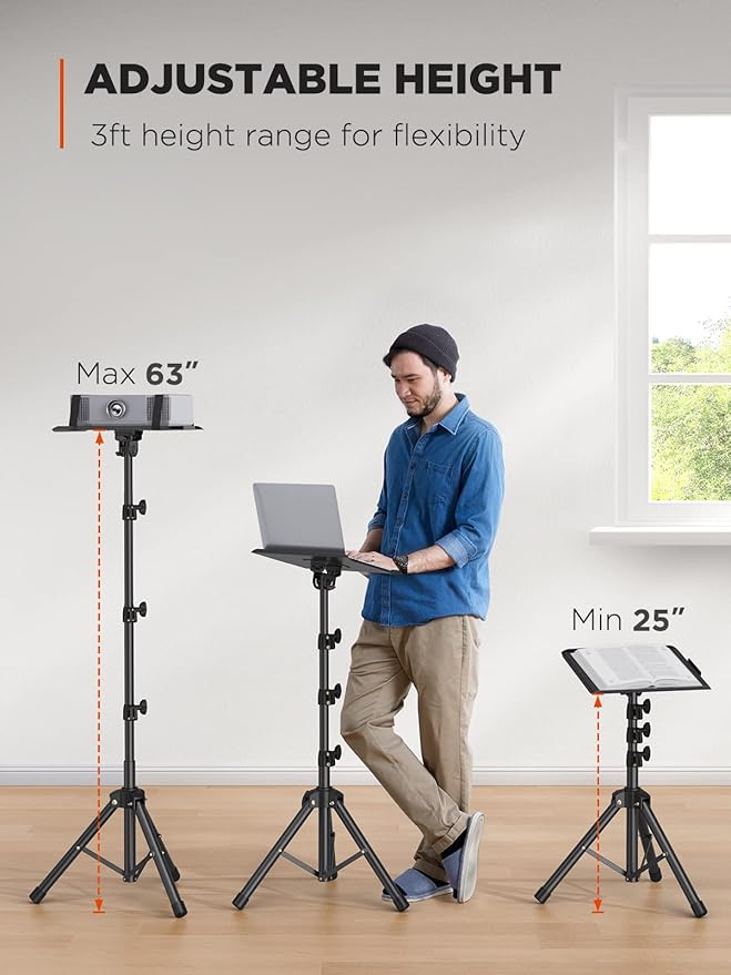 AMADA HOMEFURNISHING Foldable Projector Tripod, Multipurpose Laptop Stand with Removable Mouse Tray, Adjustable Height 25-63 Inch, Outdoor Movie Projector Stand, AMPS03