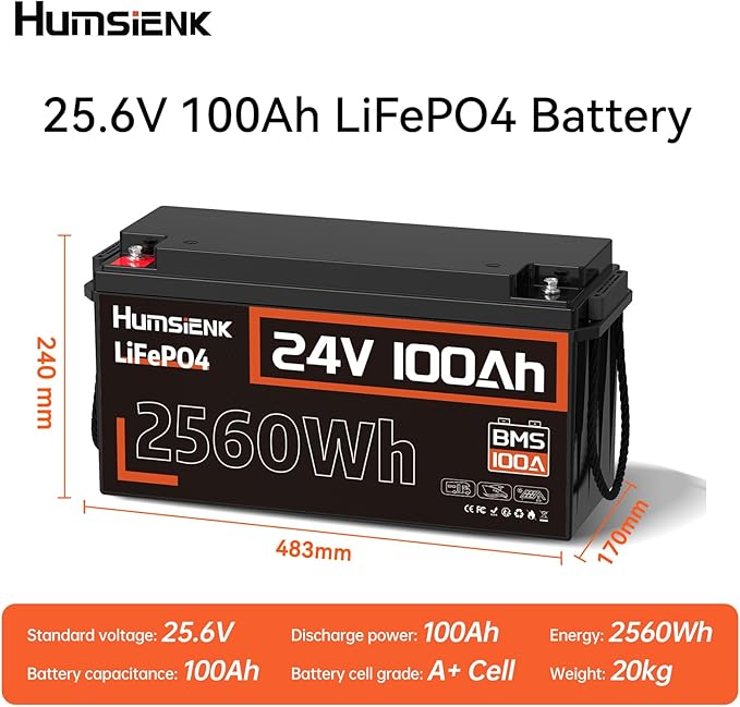 Lithium Battery 24V 100Ah LiFePO4 Batterys, Built-in 100A BMS with Low-Temp, 15000+ Deep Cycles, 2560Wh Lithium Iron Phosphate Battery, for RV Solar Energy Off Grid Trolling Motor