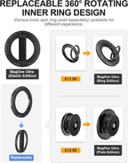 EWA MagOne Ultra Phone Grip Stand with Replaceable Elastic Finger Loop, Removable Magnetic Ring Holder Kickstand Loop, Double-Sided Magnetic Accessories for iPhone 16, 15, 14, 13 Pro/Max/Plus-Black