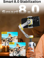 Gimbal Stabilizer for iPhone & Android, 3-Axis Phone Gimbal with OLED Screen, 7.8" Extendable Rod, Face & Gesture Tracking, Ideal for Vlogging, Travel & Video Recording-Smart V8 White