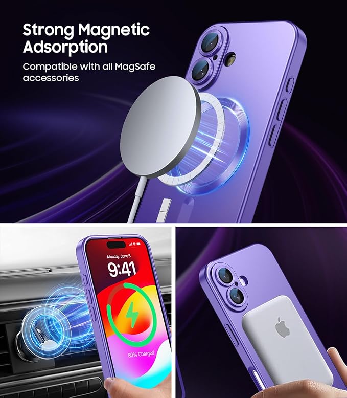 Magnetic for iPhone 16 Plus Case [Compatible with MagSafe][Built-in Camera Lens Protector] Slim Soft Silicone Bumper Shockproof Metallic Luster Phone Case (Purple)