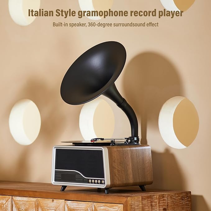 Vintage Gramophone Record Player，Italian Style Gramaphone Vintage Phonograph Nostalgic Record Player with Vinyl Record Player/Bluetooth 5.3/Remote Contro/USB/FM/AUX for Home Decoration