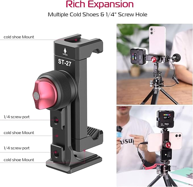 Metal Phone Tripod Mount 3 Cold Shoes & Arca Port, 360° Smartphone Tripod Adapter for iPhone Samsung Cell Phone Stand Holder for Desktop Video Live Streaming Vlogging Rig