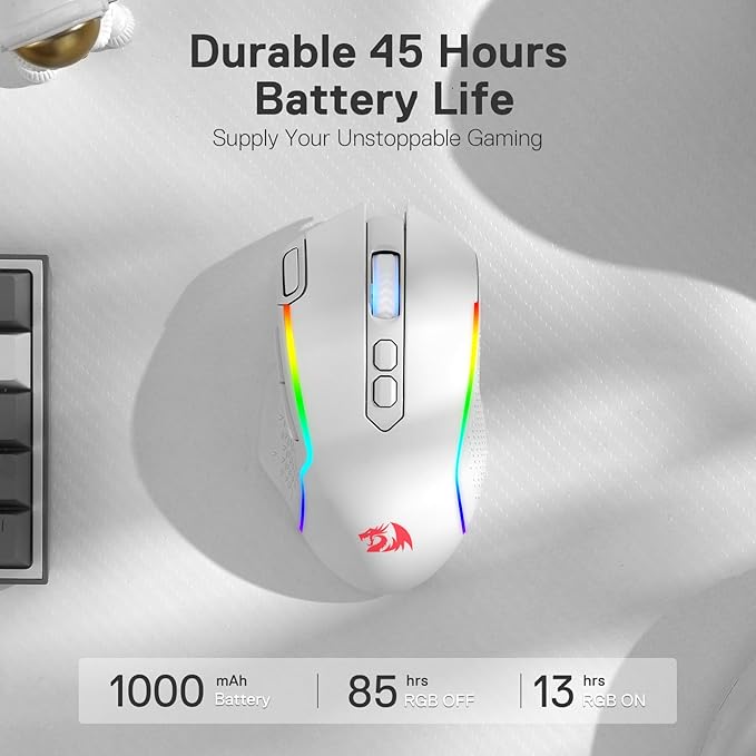 Redragon M810 Pro Wireless Gaming Mouse, 10000 DPI Wired/Wireless Mouse w/Rapid Fire Key, 8 Macro Buttons, 45-Hour Power Capacity and RGB Backlit for PC/Mac/Laptop