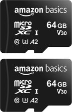 Amazon Basics MicroSDXC UHS-I Class 10 Memory Card with Full Size Adapter, A2, U3, V30, 4K, Read Speed up to 100 MB/s, 64 GB (2pack), for GoPro Cameras Storage, Black