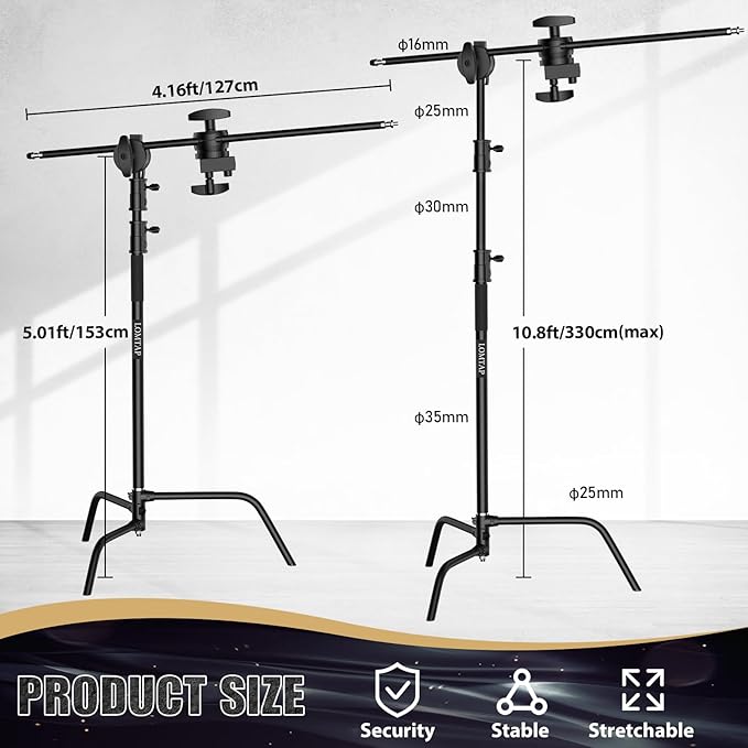 LOMTAP C Stand Light Stand Stainless Metal Photography Kit - Heavy Duty 10.8ft/330cm Vertical Pole, 4.2ft/128cm Boom Arm, Adjustable Base, Water Sandbag, 2 Grip Heads, 3 Clips for Softbox, Reflector