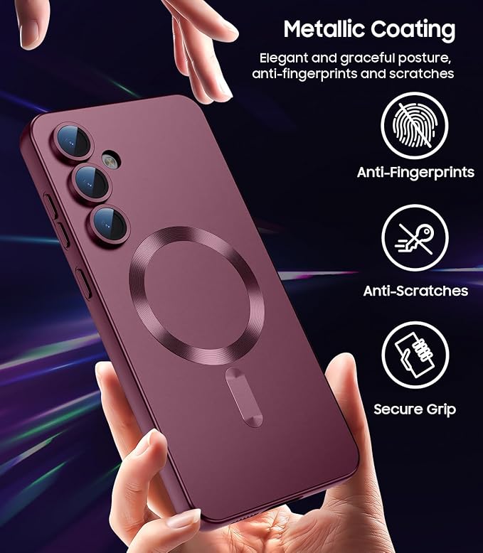 Magnetic for Samsung Galaxy S24 Plus Case [Compatible with MagSafe][Built-in Camera Lens Protector] Slim Soft Silicone Bumper Shockproof Metallic Luster Phone Case (Burgundy)