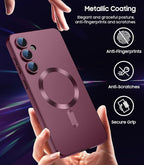 Magnetic for Samsung Galaxy S24 Plus Case [Compatible with MagSafe][Built-in Camera Lens Protector] Slim Soft Silicone Bumper Shockproof Metallic Luster Phone Case (Burgundy)