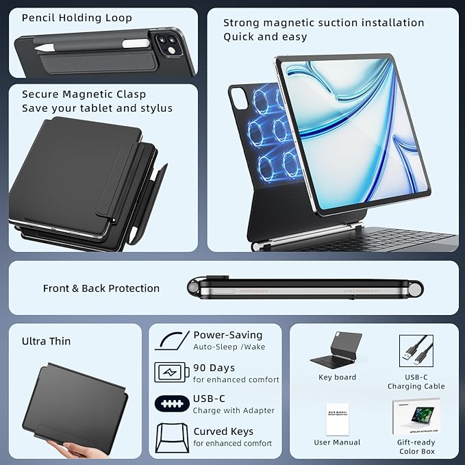 for iPad Air 13 inch Case with Keyboard (M3,2025 / M2,2024), iPad Pro 12.9 (6th/5th/4th/3rd Gen) Magic Keyboard, Springy Backlit Keys, Stain-Resistant Surface, Multi-Touch Trackpad, Black