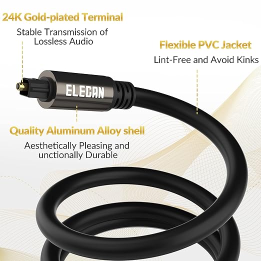 Elecan Optical Audio Cable 30 Ft Digital Audio Toslink Cable Cord-Fiber Optic-Gold Plated-Flexiable&Durable-for Home Theater,Sound Bar,PS4&Xbox-with 4 Right Angled and Mini Toslink Adapters+Ties
