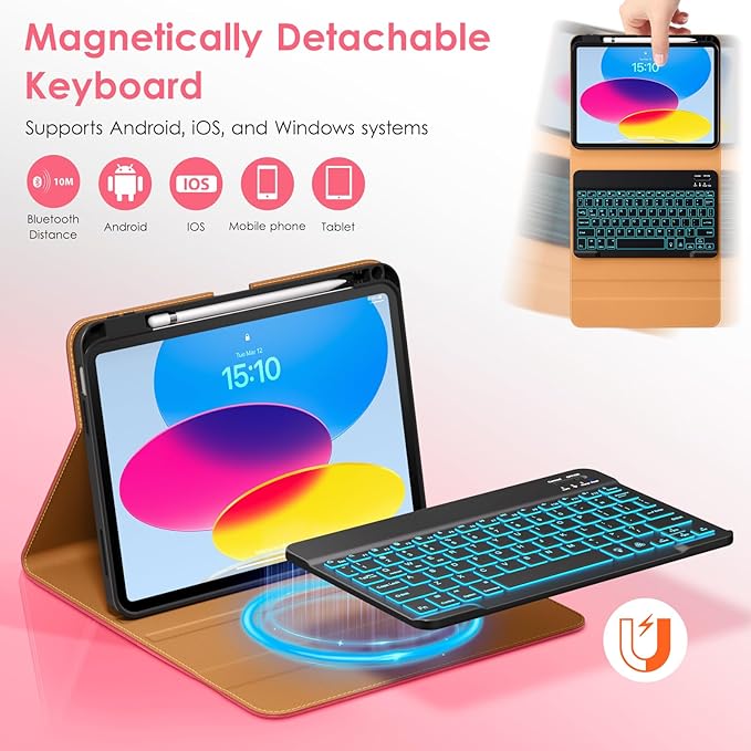 DTTO for iPad 11th (A16)/ 10th Generation Case with Keyboard (2025/2022), 7 Colors Backlit Wireless Detachable Keyboard Leather Folio Cover with Pencil Holder & Pocket, Rose Red A2