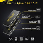 8K@60Hz 4K@120Hz HDMI 2.1 Splitter 1 in 2 Out,48 Gbps,HDCP 2.3,Supports VRR,ALLM,HDCP Bypass,EDID,Duplicate/Mirror/Copy,Downscale,HDR,Dolby Vision Atmos,Soundbar