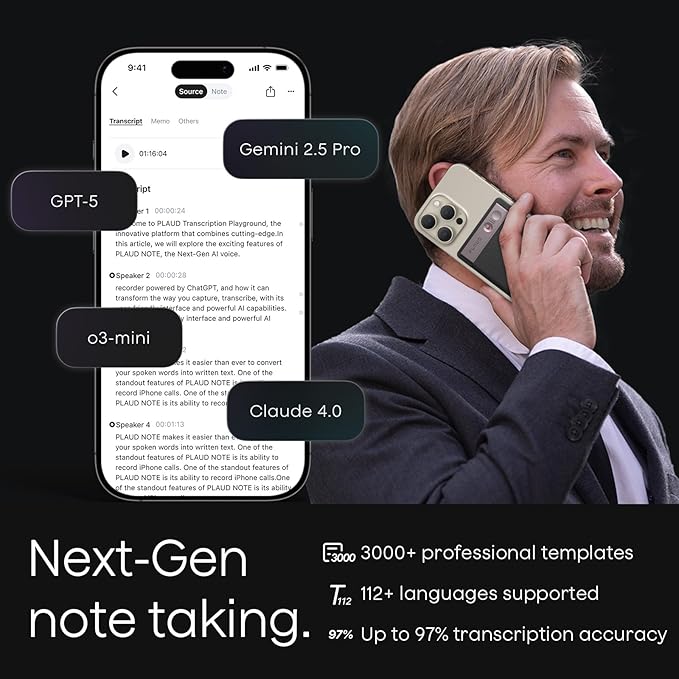 Plaud Note AI Voice Recorder, Voice Recorder w/Case, App Control, Transcribe & Summarize with AI Technology, Support 112 Languages, 64GB Memory, Audio Recorder for Lecture, Meeting, Call, Interview