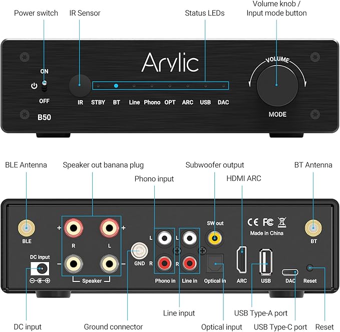 Arylic B50 2 Channel Bluetooth Amplifier with Audio Transmitter, 50W*2 Home Stereo Amplifiers with HDMI ARC,DAC,Phono in and Free APP. Support aptX HD Music Transmission & Reception.