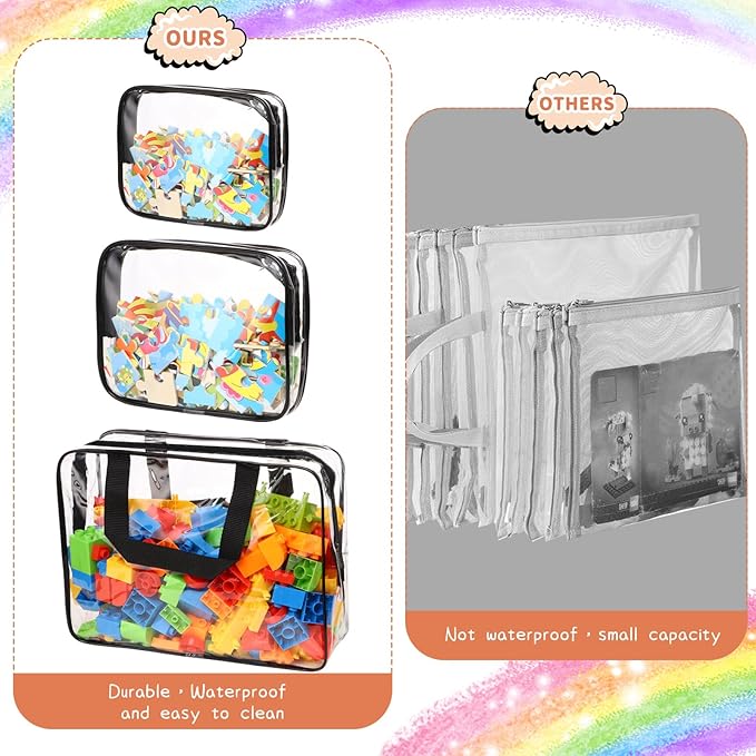 18 Packs Large Toy Storage Bags with Labels, Clear PVC Bags Travel Waterproof Kids Toy Organizer Bags with Zipper for Building Blocks Puzzle Kids Books (Black)