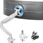 ARES WING Single Monitor Arm, Heavy Duty Adjustable Monitor Arm for 13"-45" Screens with USB, Gas Spring Desk Mount Stand with C Clamp/Grommet Mounting Base up to 40lbs Computer, White