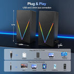 RGB Desktop Speakers with Enhanced Bass, Volume Control & 6 Colorful Lights - USB Powered & 3.5mm Aux Gaming Speakers for Laptop, PC, Tablet, Phone