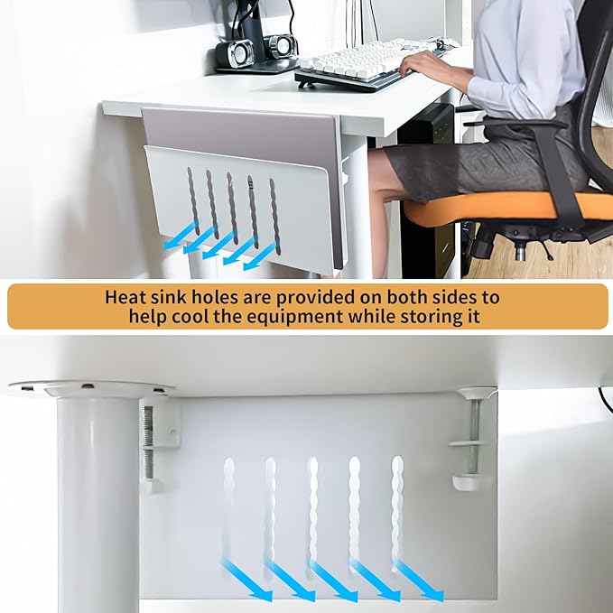 Desk Side Storage, Under Desk Storage, No Drill Steel Hanging Desk Organizer, Laptop Holder, Desk Storage Holder for Office & Home.(White)