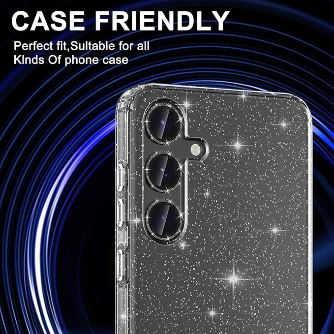 for Samsung Galaxy S25 Camera Lens Protector, Individual Metal Ring Tempered Glass Lens Cover, [Strong Adsorption] Scratch Resistant Ultra-Thin HD Clear Lens Cover, 1 Set-Black Sparkly