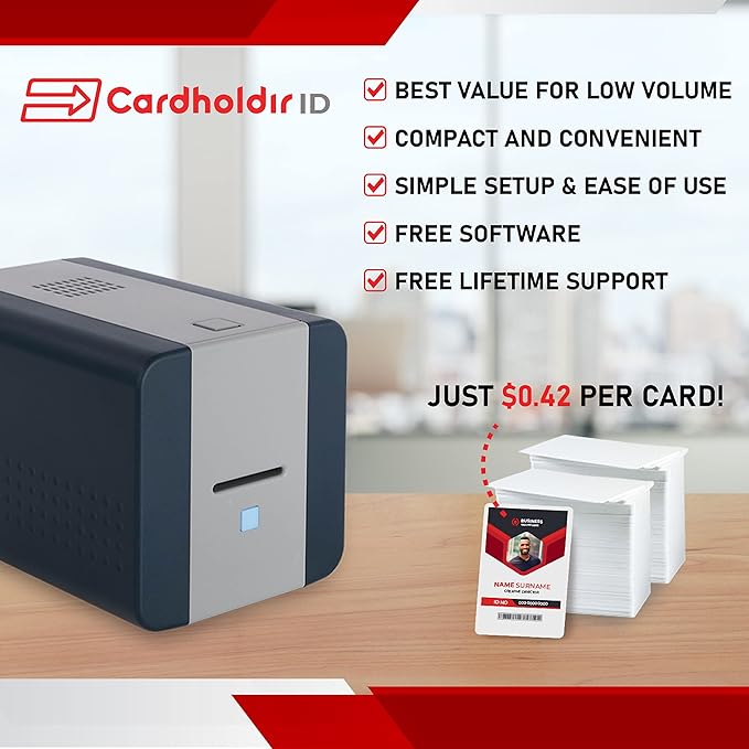 Easy Badges Solid 210 ID Badge Printer | with Beginner Software, HD Webcam, & Everything Needed to Design and Print 200 ID Cards, | Single Sided Employee & Student ID Card Printer